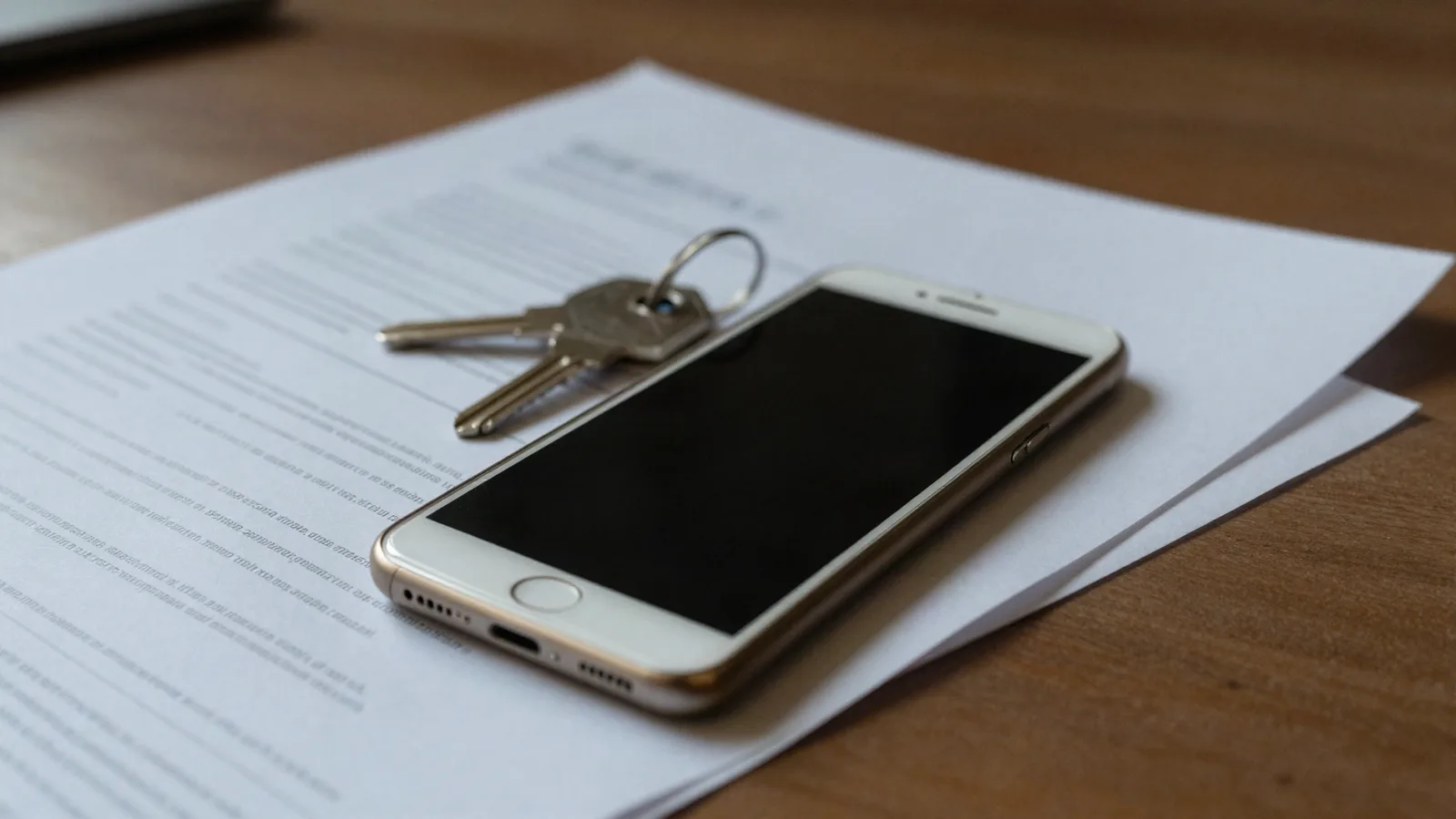 Téléphone retourné sur une table près d'un document plié et de clés inconnues — éviter les pièges à distance