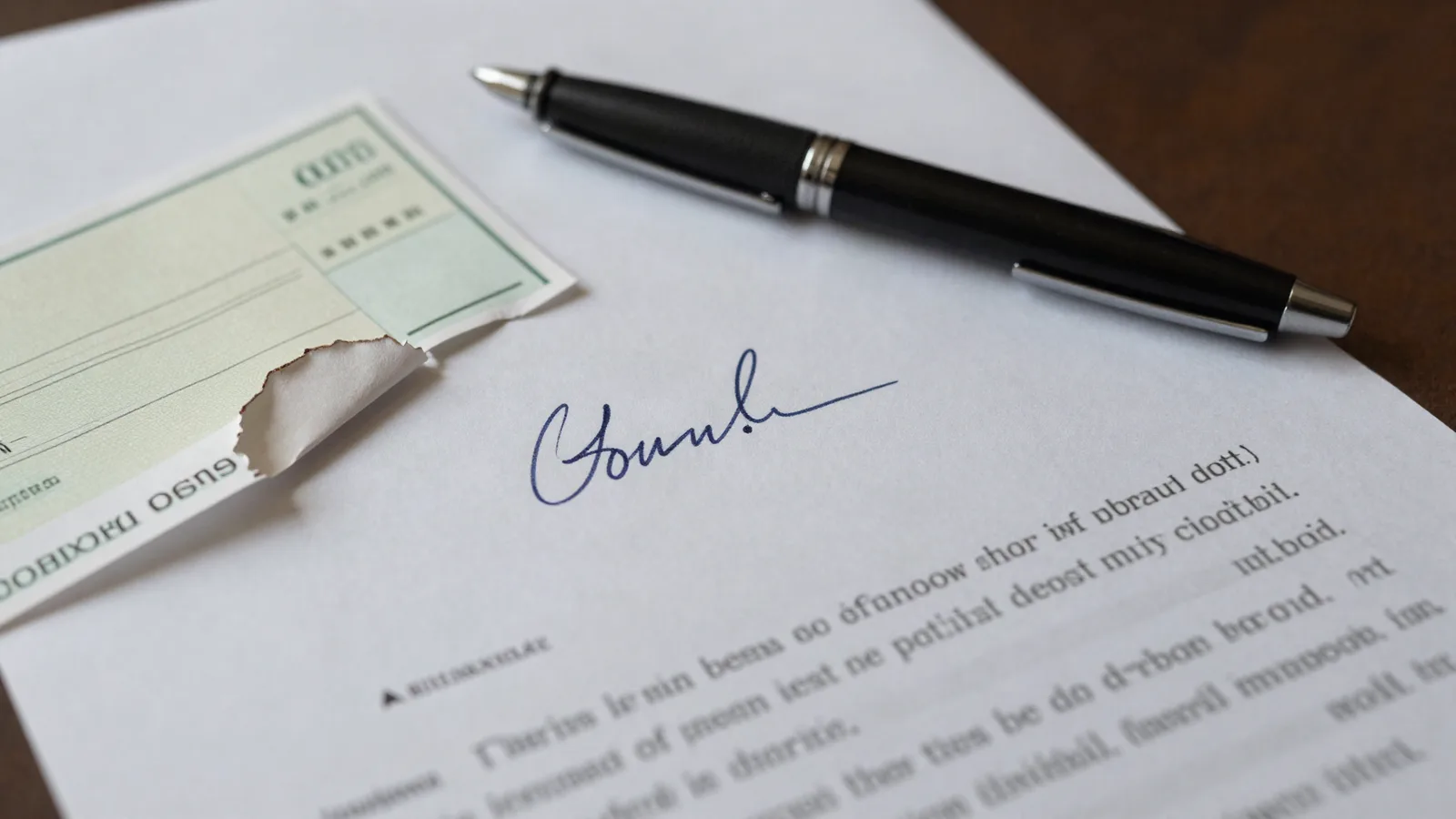 Compromis signé et souche de chèque déchirée posés sur une table — avance perdue faute de condition suspensive