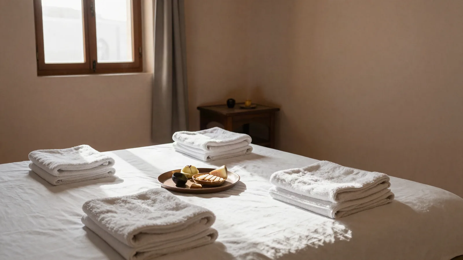 Appartement marocain meublé et préparé pour des voyageurs, linge plié sur le lit — arbitrer entre courte et longue durée