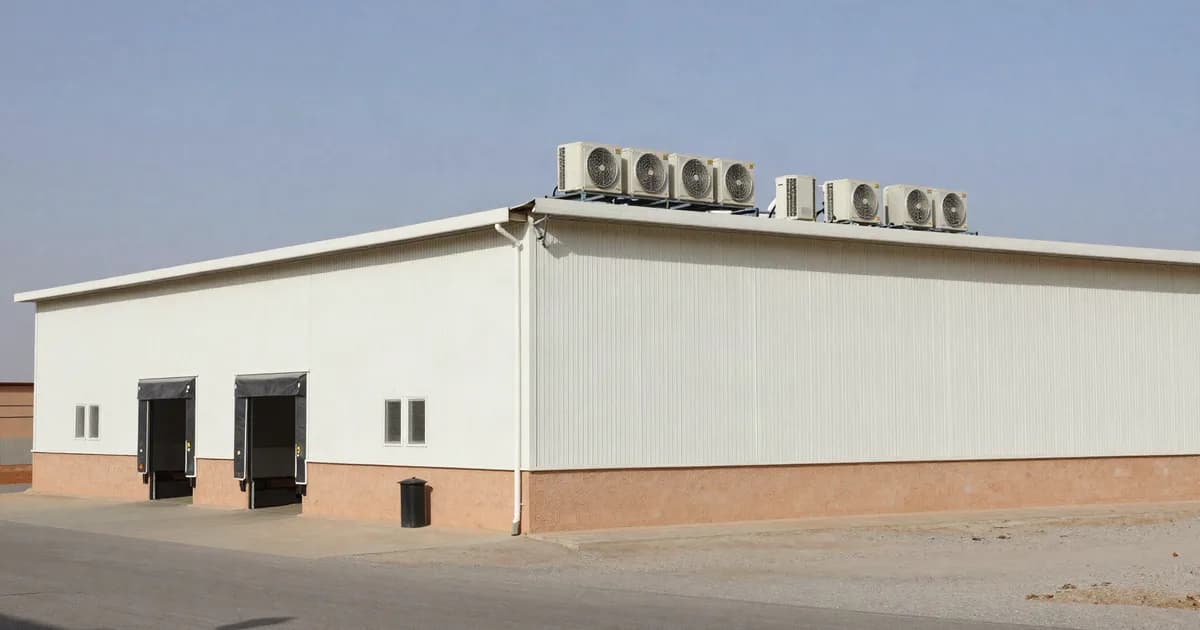 Cold store near Agadir, insulated cladding, roof-mounted refrigeration plant and loading docks