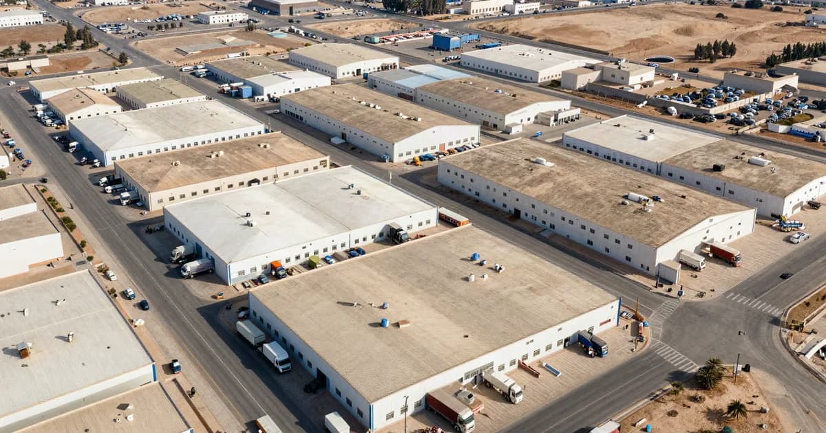 Bâtiment industriel neuf en fin de chantier, bardage propre, porte sectionnelle et aire bétonnée