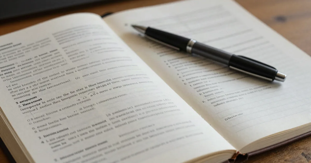 Open notebook and a printed bilingual glossary on a desk with a pen