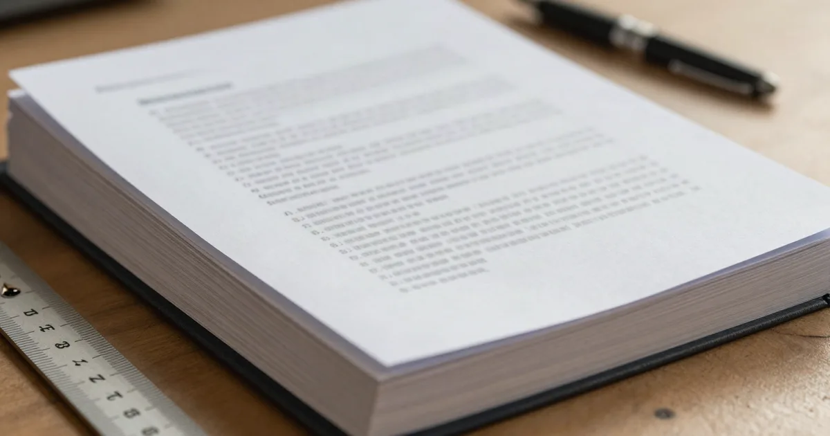 A thick technical report with numbered tabs beside a scale rule and a fountain pen