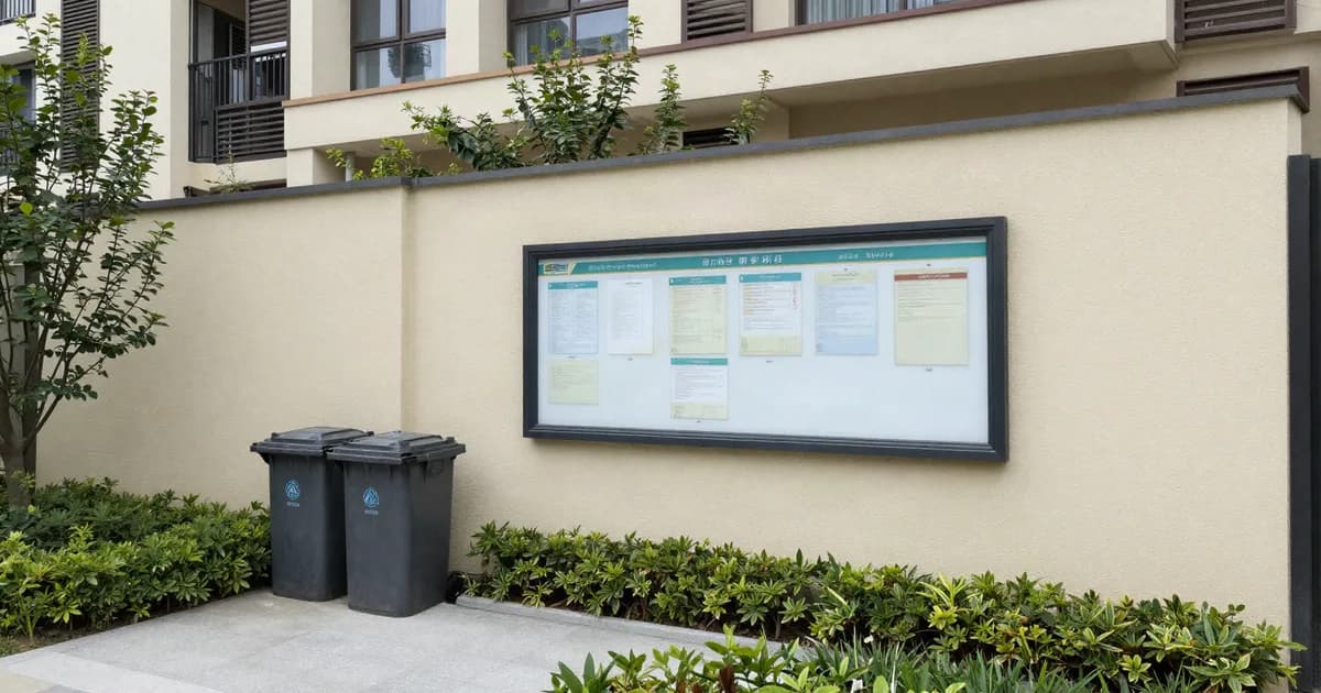 Residential building courtyard with a notice board, bin store and trimmed planting