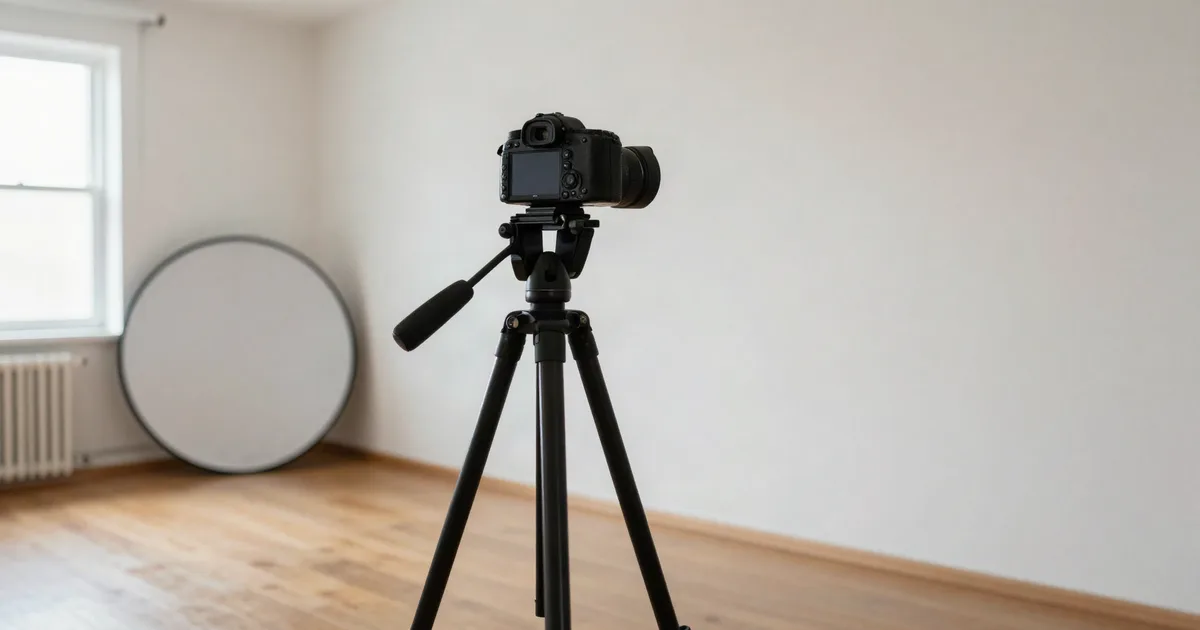 Camera on a tripod set up in an empty living room, a reflector propped against the wall
