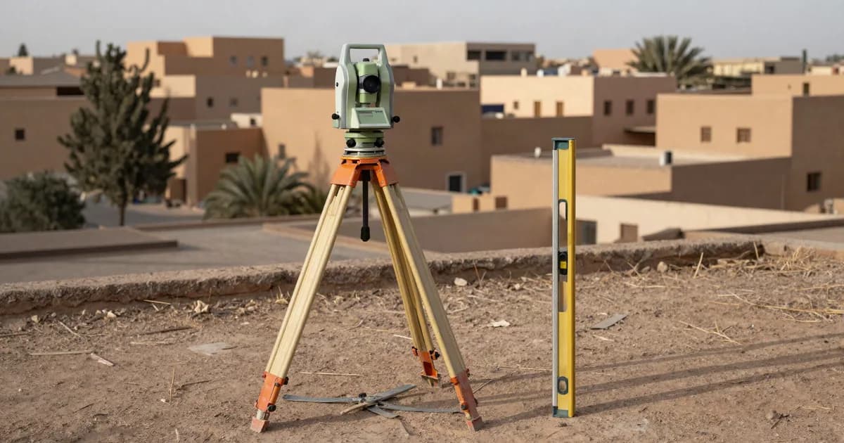 Total station on a tripod at the edge of a plot with a levelling staff planted nearby