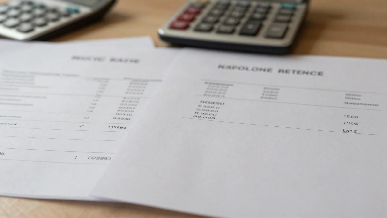 Deux factures d'ampleur différente placées de part et d'autre d'une calculette — financer ou autofinancer la formation