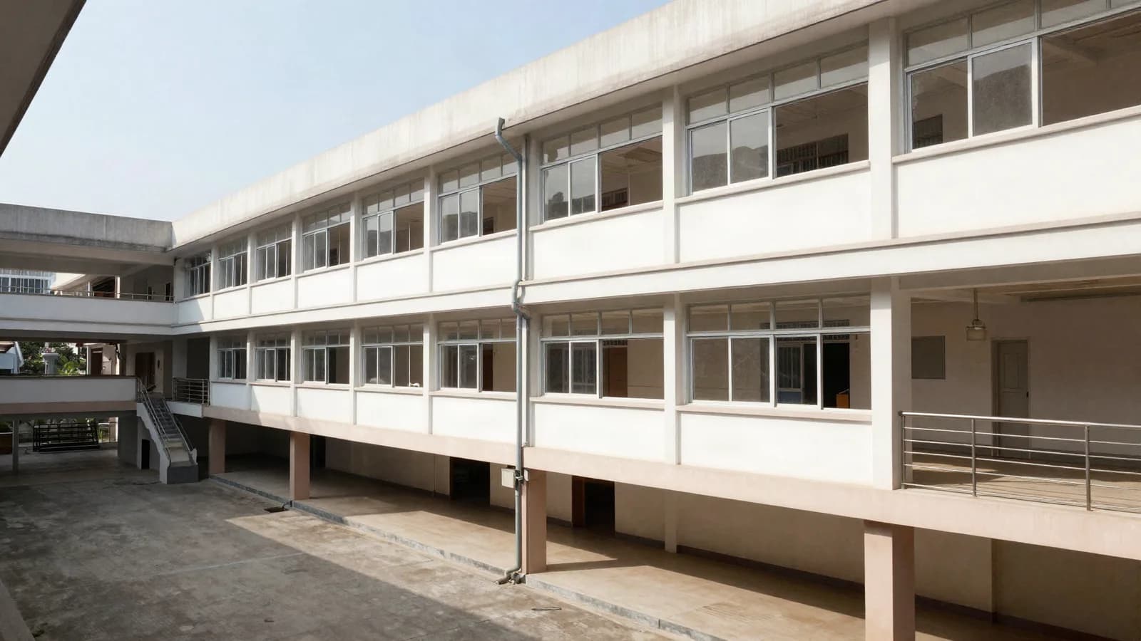 École privée à cour intérieure et préaux couverts, fenêtres de classes en façade — expertise des murs d'un établissement