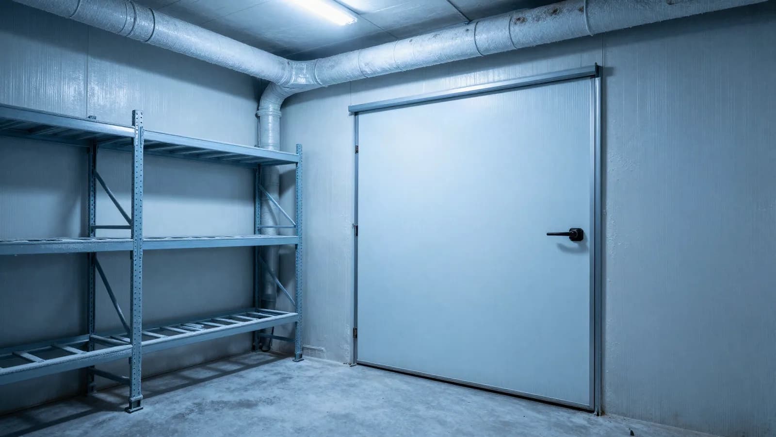 Entrepôt frigorifique à panneaux isolants, givre sur les tuyauteries et porte isotherme — expertise d'un actif sous température