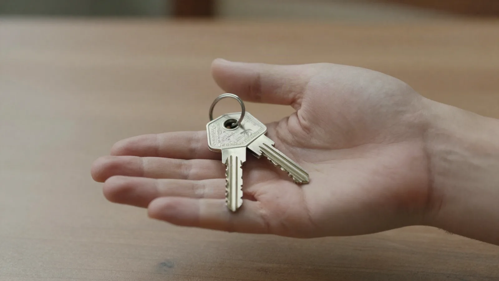 Clés de maison passées d'une paume ouverte à une autre au-dessus d'une table — donation immobilière entre proches