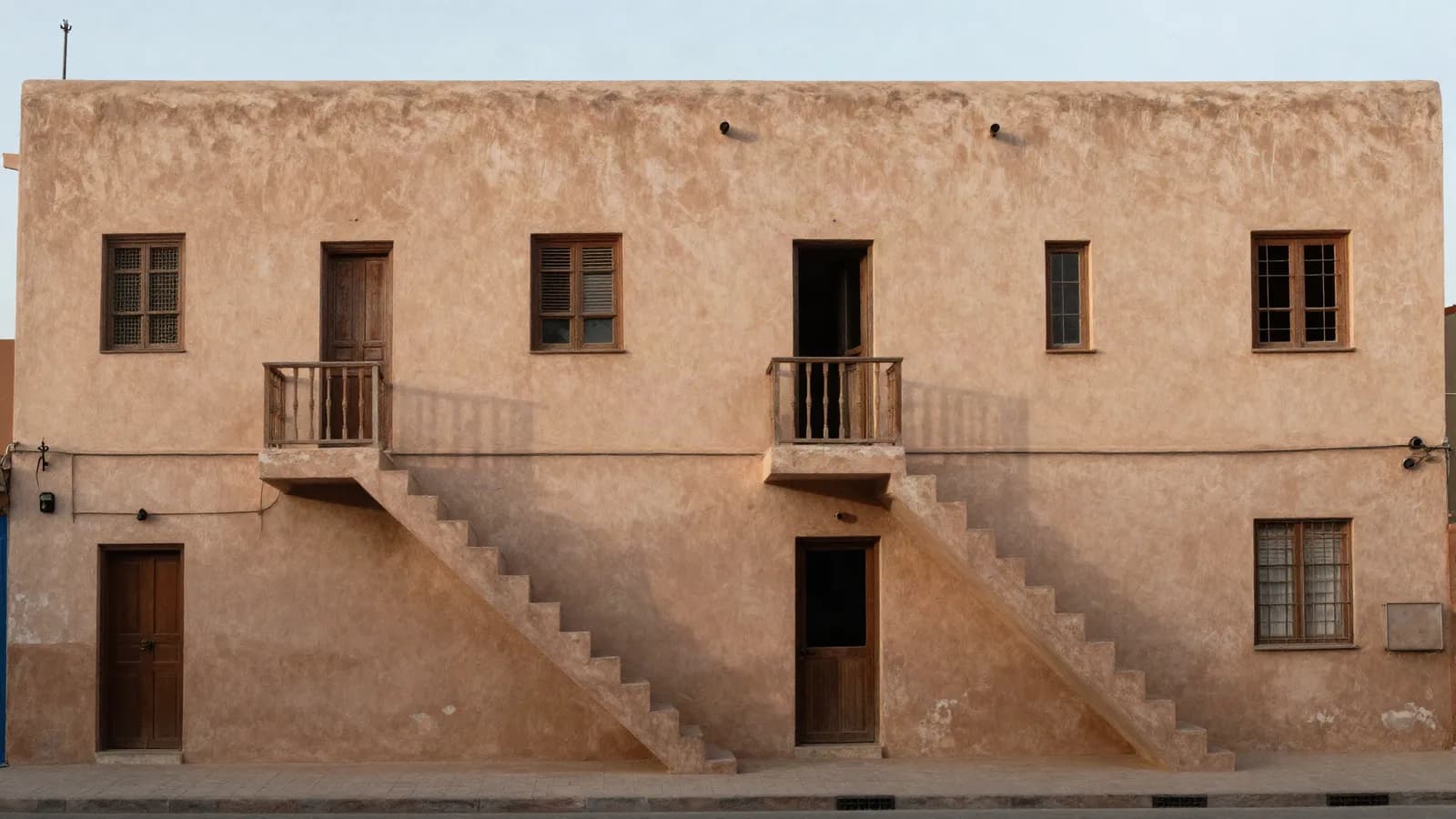 Maison des années 1970 divisée en plusieurs logements, entrées séparées et escaliers extérieurs ajoutés — évaluation d'un bâti transformé