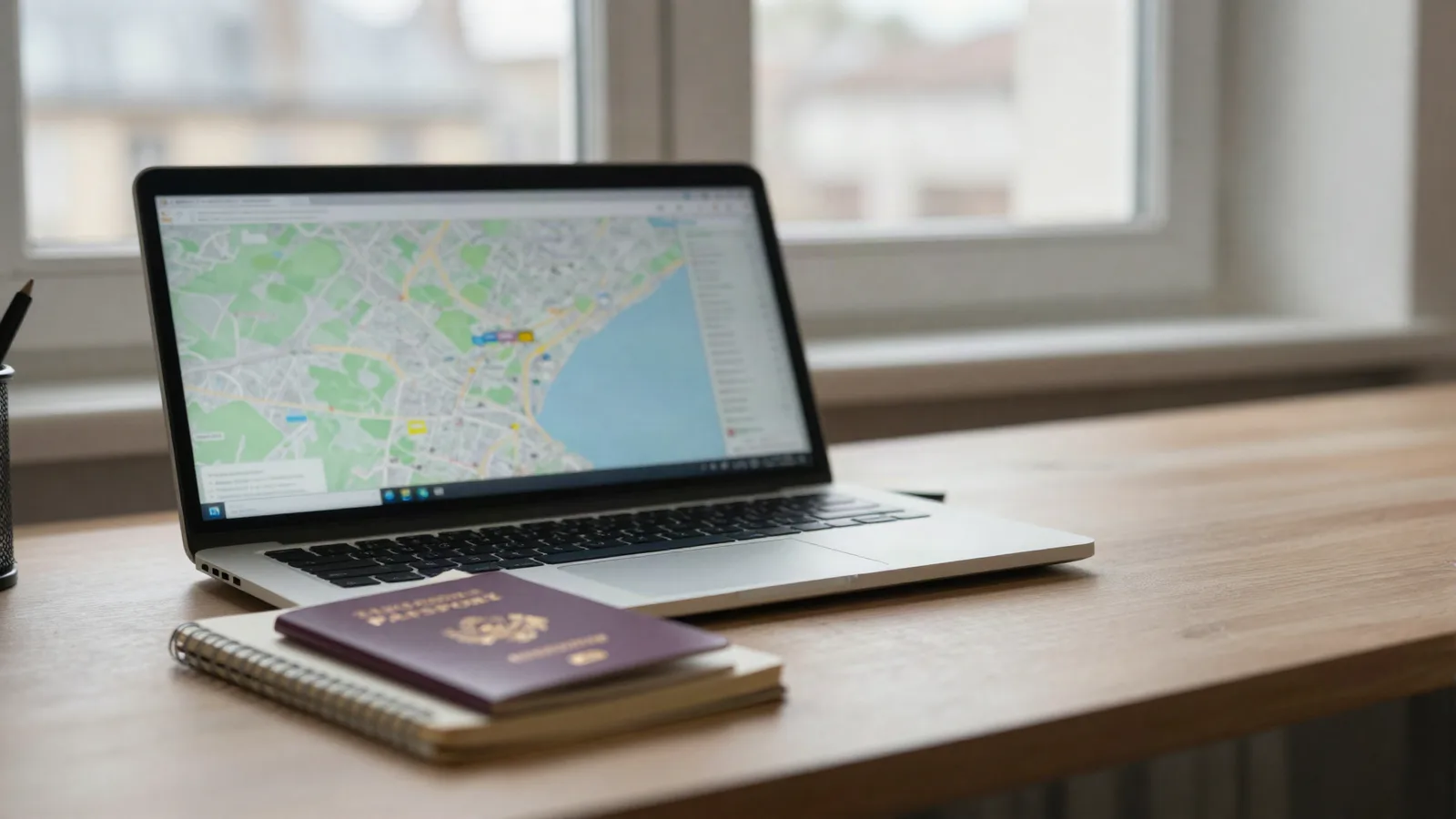 Bureau avec ordinateur, passeport et carnet devant une fenêtre à lumière du nord — préparer un achat depuis l'Allemagne