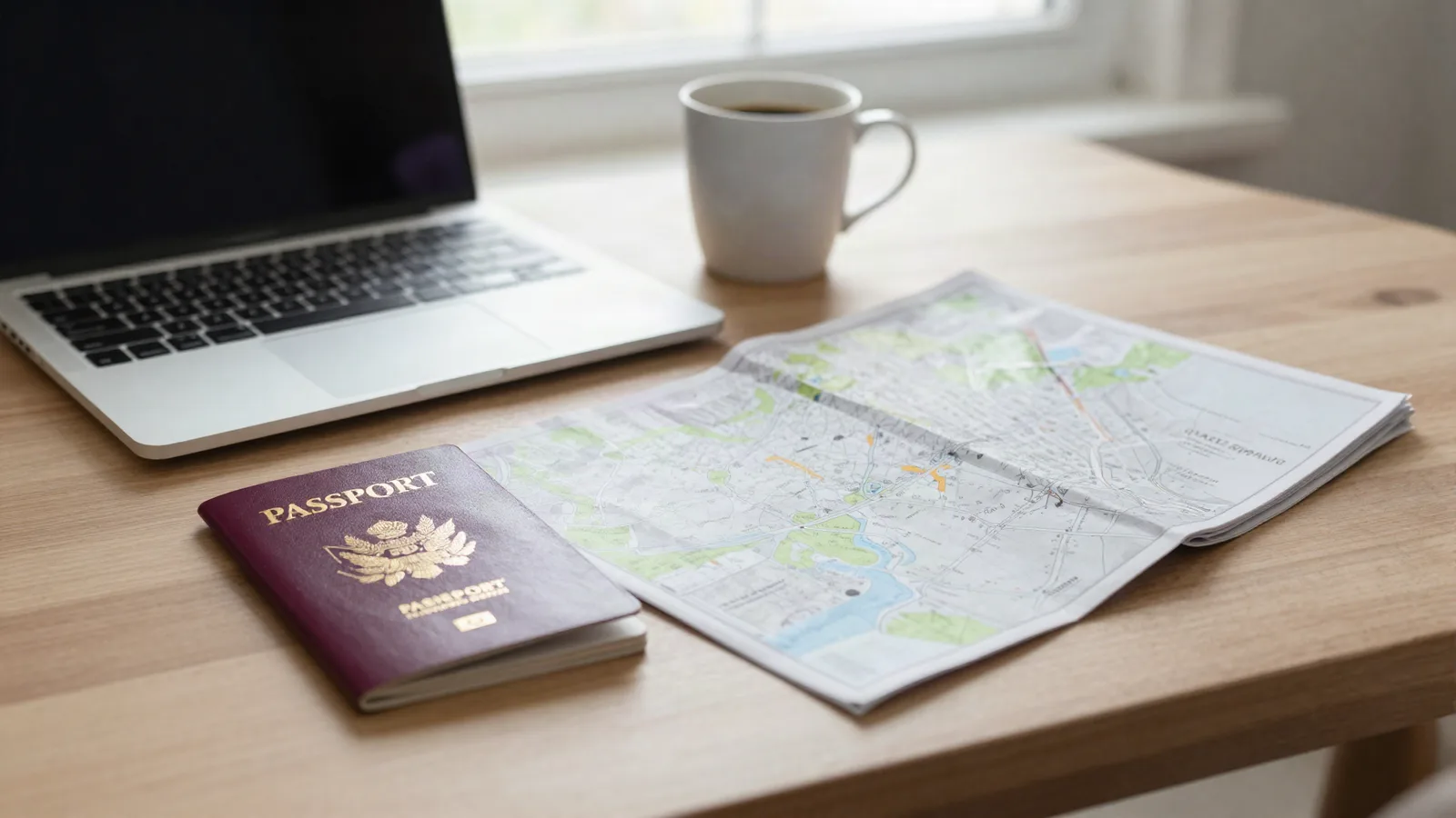 Bureau avec ordinateur, passeport et carte dépliée pour préparer un achat à l'étranger — guide MRE