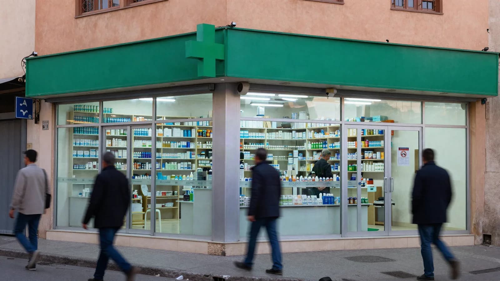 Officine à l'angle d'une rue marocaine, large vitrine et croix lumineuse — expertise des murs d'une pharmacie et poids de l'emplacement