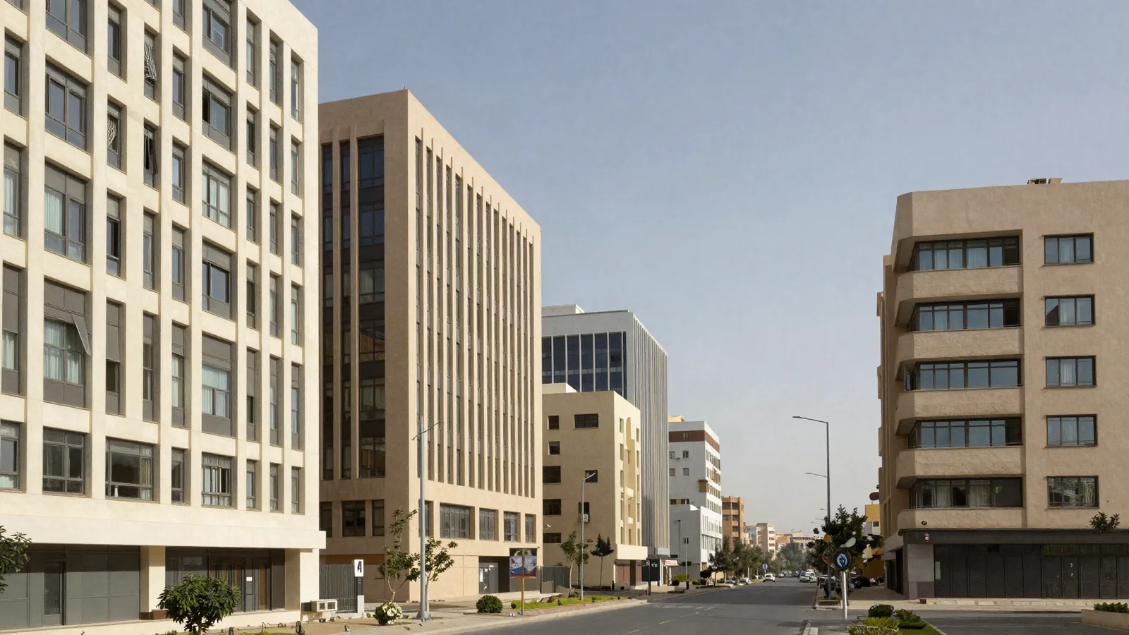 Plusieurs immeubles de bureaux alignés en perspective le long d'une avenue — portefeuille d'un fonds institutionnel
