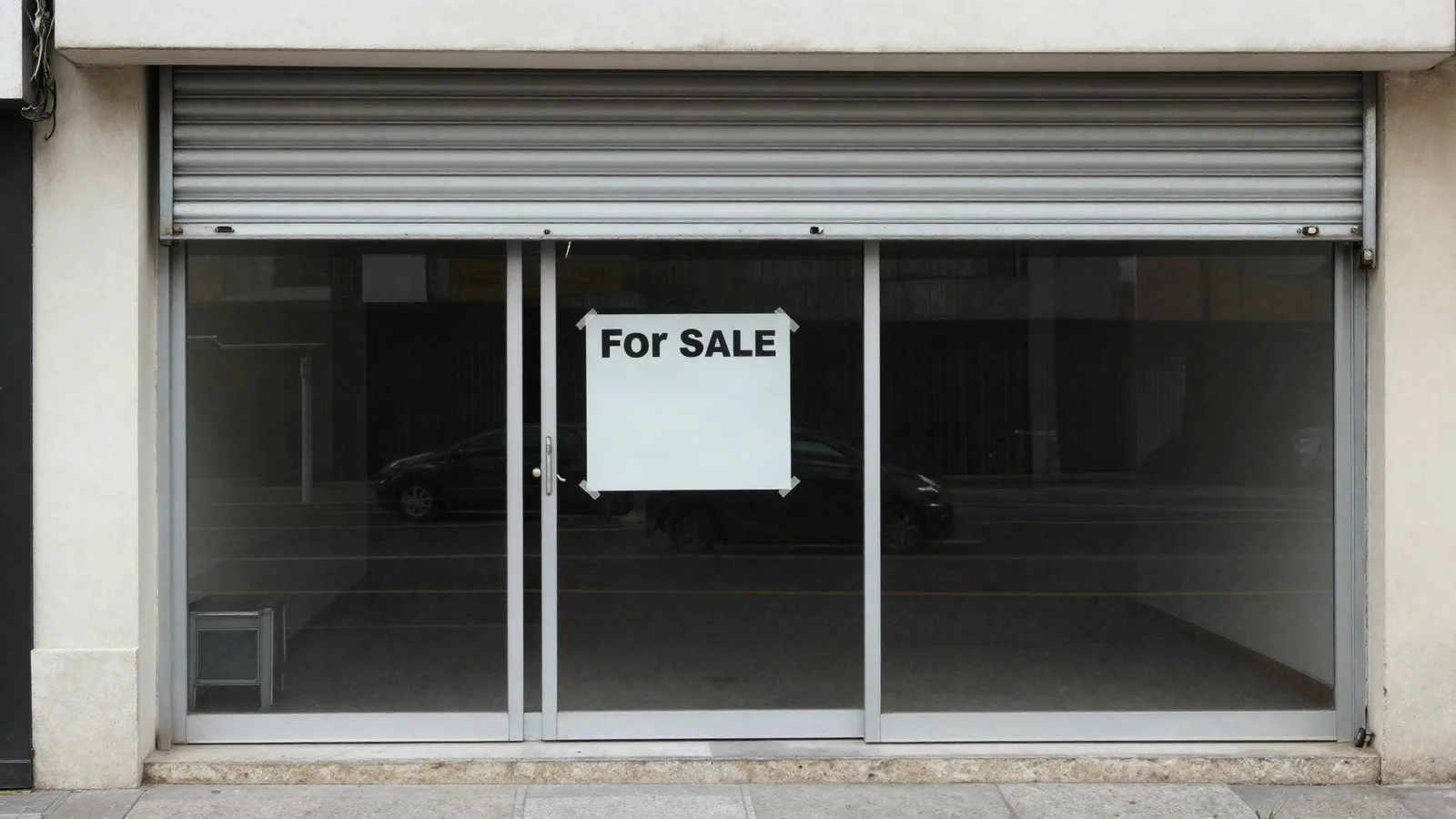 Local commercial au rideau à mi-hauteur avec une carte vierge collée dans la vitre — droit de préemption du locataire
