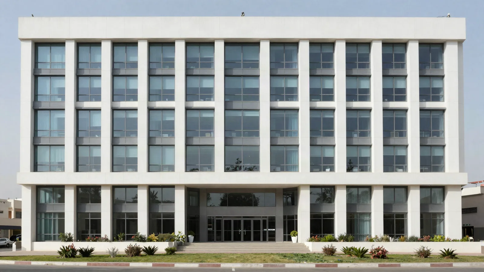 Immeuble de bureaux d'entreprise photographié de face en lumière égale — réévaluation des actifs au bilan