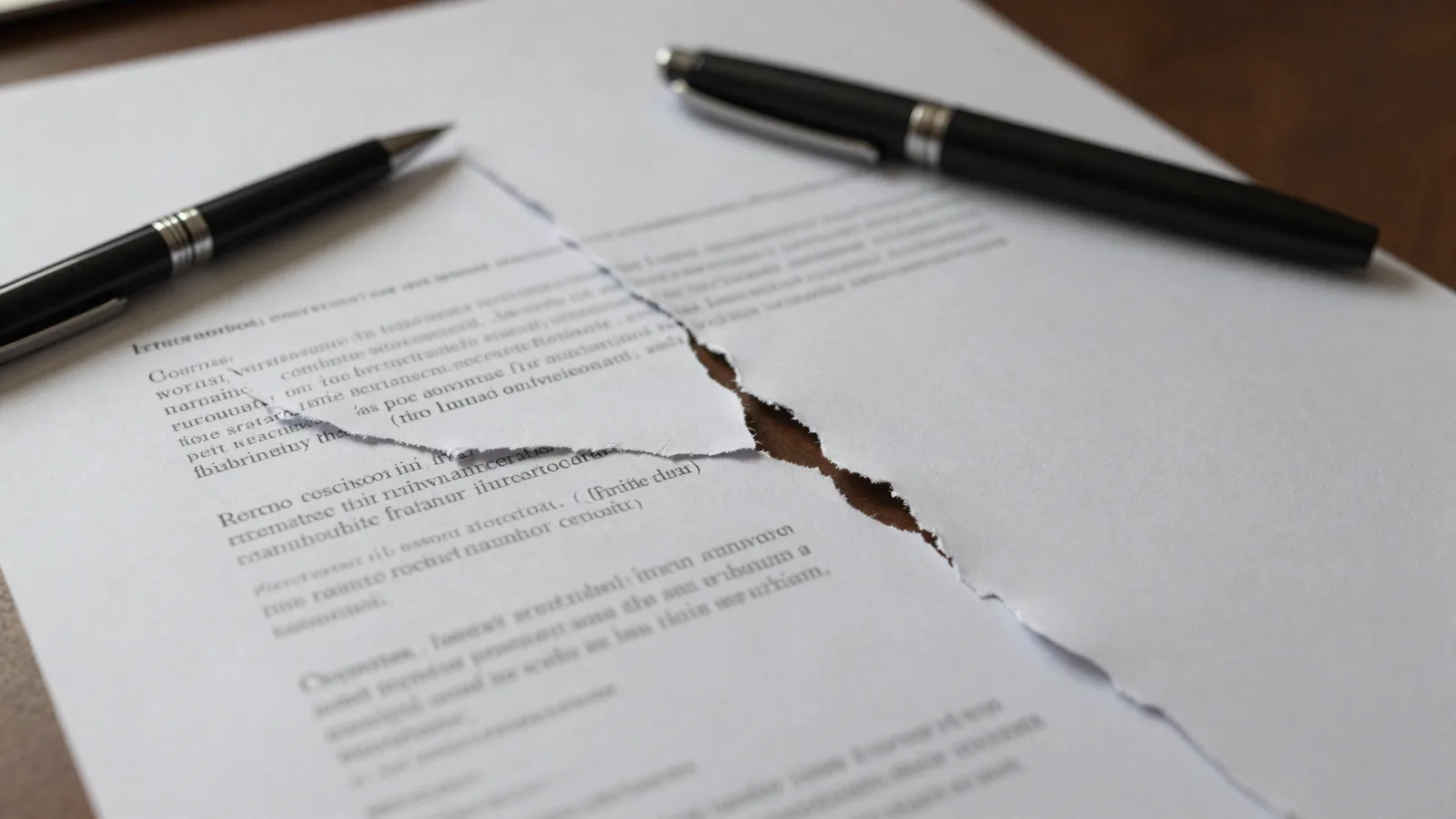 Page de contrat déchirée en deux moitiés séparées sur un bureau — résolution de la vente pour défaut de paiement