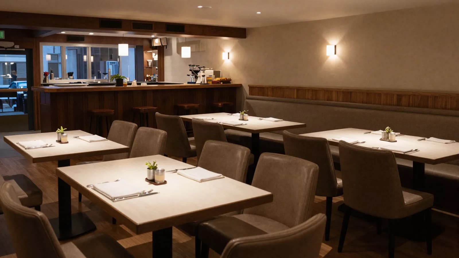 Salle de restaurant dressée avant le service, banquettes et comptoir au fond — expertise des murs et du fonds