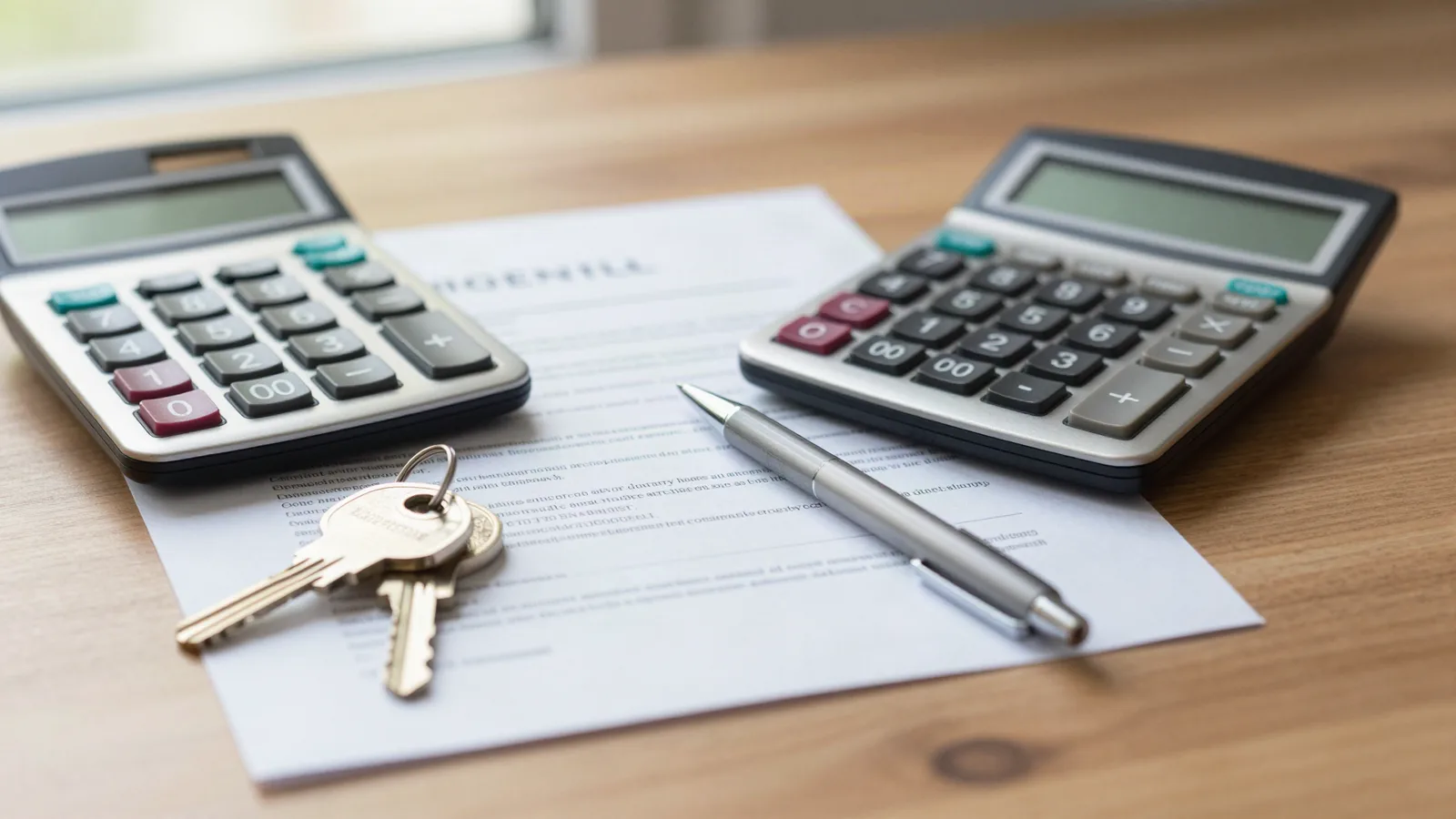 Contrat de bail, calculette et clés d'appartement sur une table — révision légale du loyer au Maroc