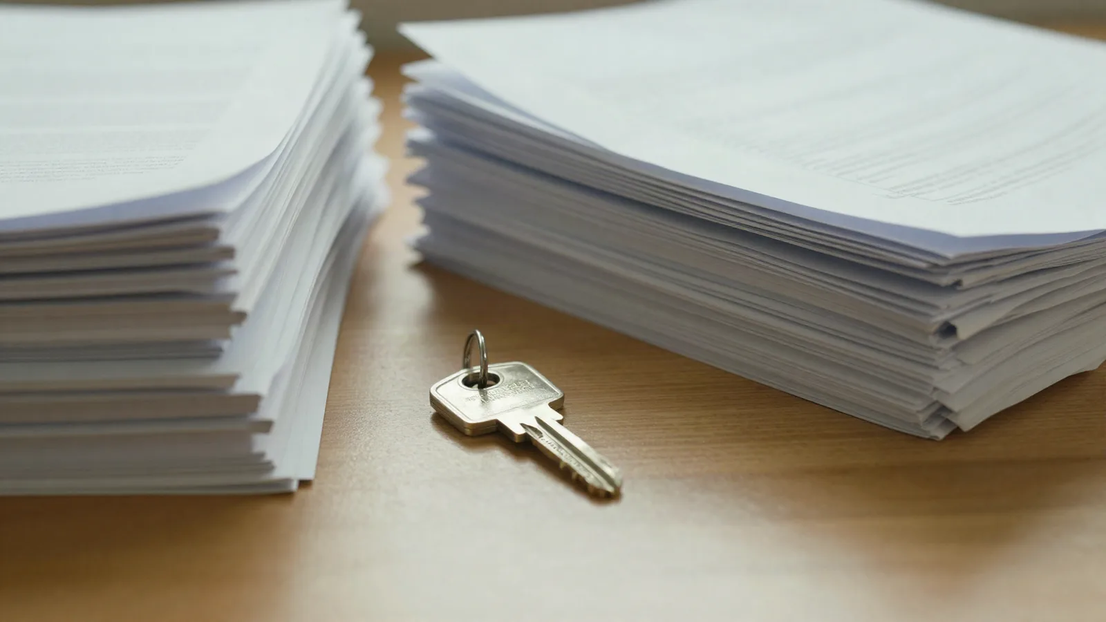 Clé unique posée entre deux piles de documents d'épaisseurs inégales — rachat de parts et calcul de la soulte