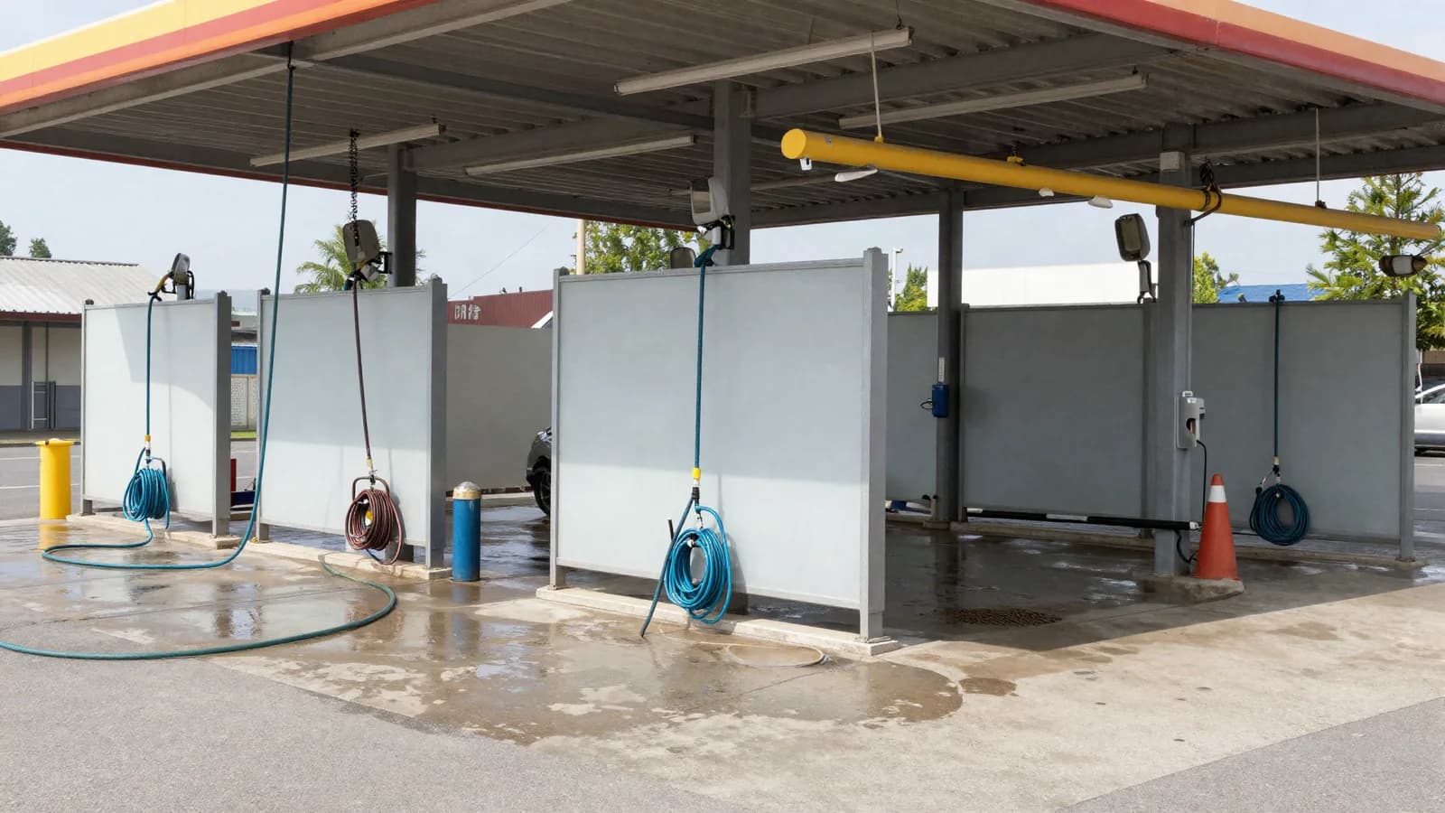Station de lavage à baies ouvertes sous auvent, sol bétonné humide et enrouleurs — expertise d'un centre auto