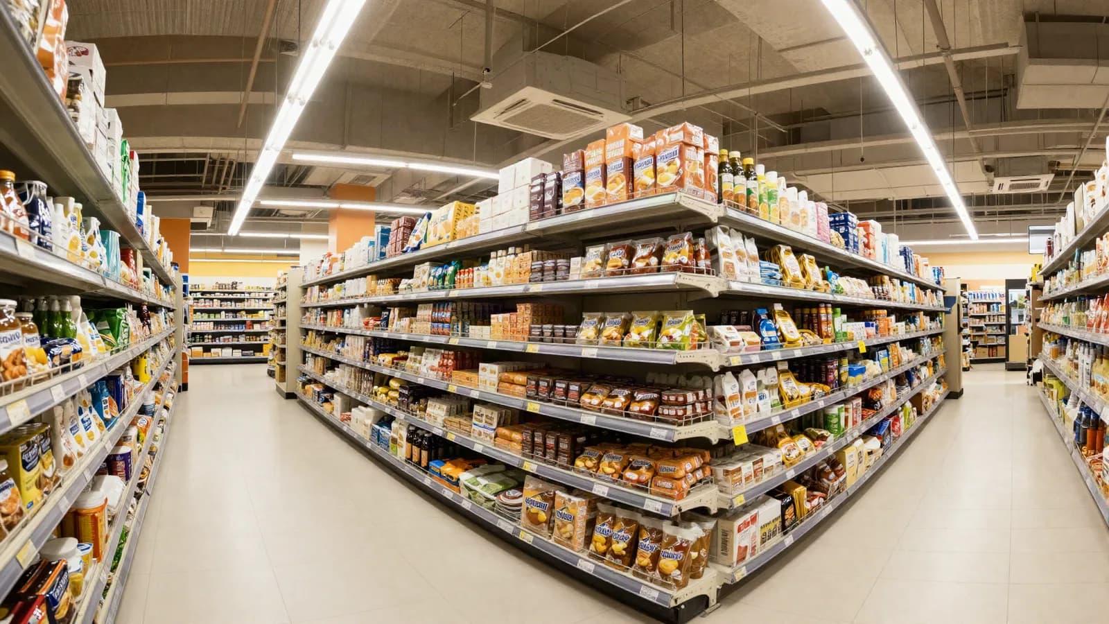 Intérieur d'une moyenne surface, longues allées de rayonnages sous éclairage continu — expertise d'un supermarché