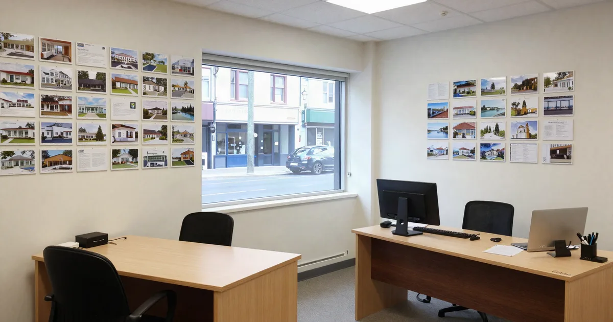 Small estate agency, two desks, a wall of property cards and a street-facing window