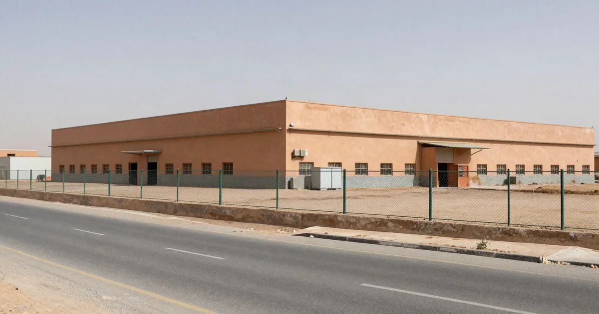 Moroccan industrial building in operation seen from the road, yard and perimeter fence