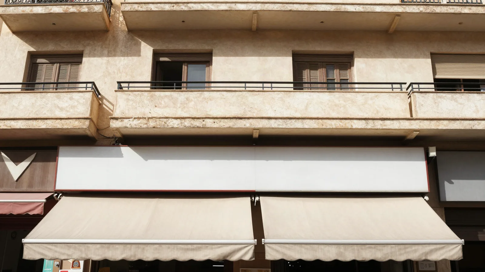 Façade d'immeuble avec commerces en rez-de-chaussée et emplacement d'enseigne — partie commune en copropriété