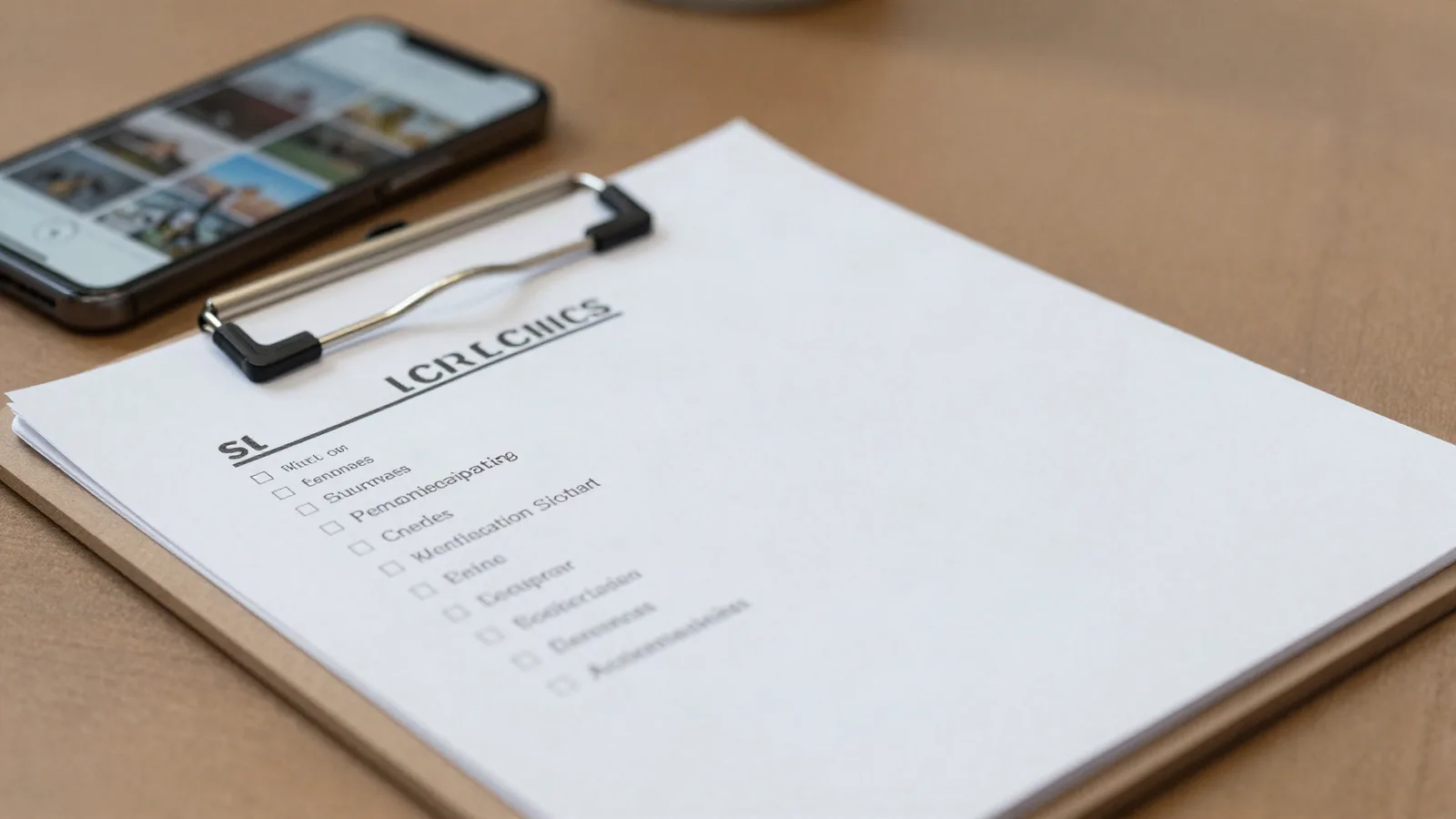 Checklist sur porte-bloc posée près d'un téléphone affichant une galerie de photos — vérifier un bien à distance